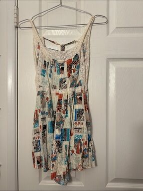 Boho Cream Lace Sundress with Teal & Rust Print